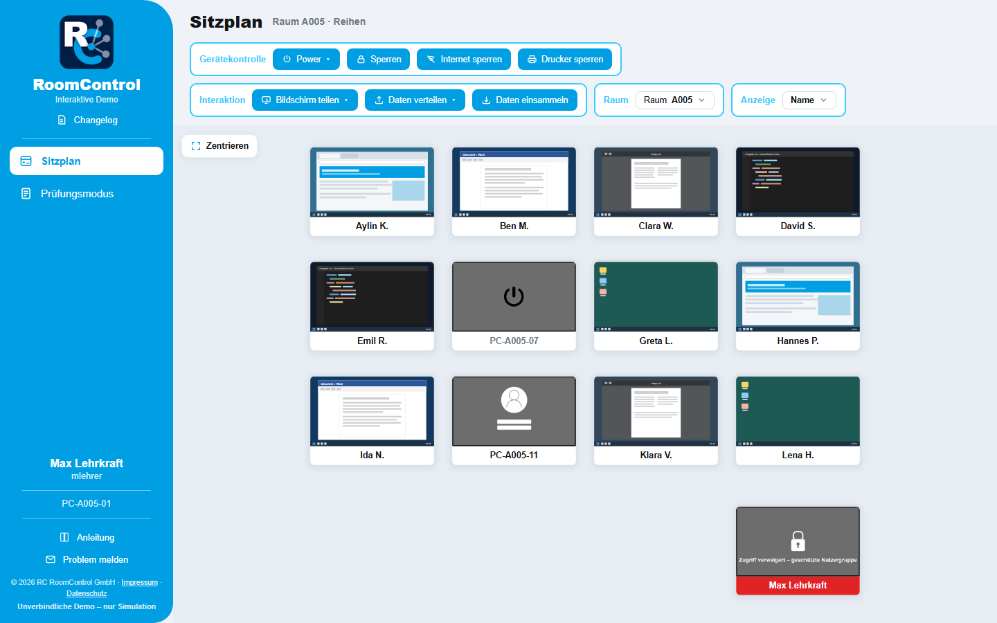 RoomControl-Demo – interaktiver Sitzplan im Browser