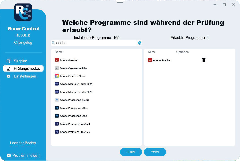 Prüfungsmodus: Auswahl der während der Prüfung erlaubten Programme