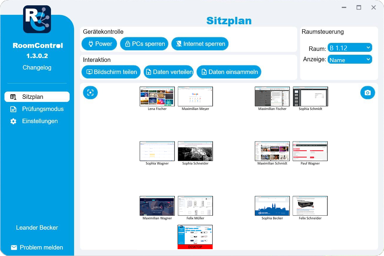 RoomControl Sitzplan – Live-Übersicht aller Teilnehmer-Desktops