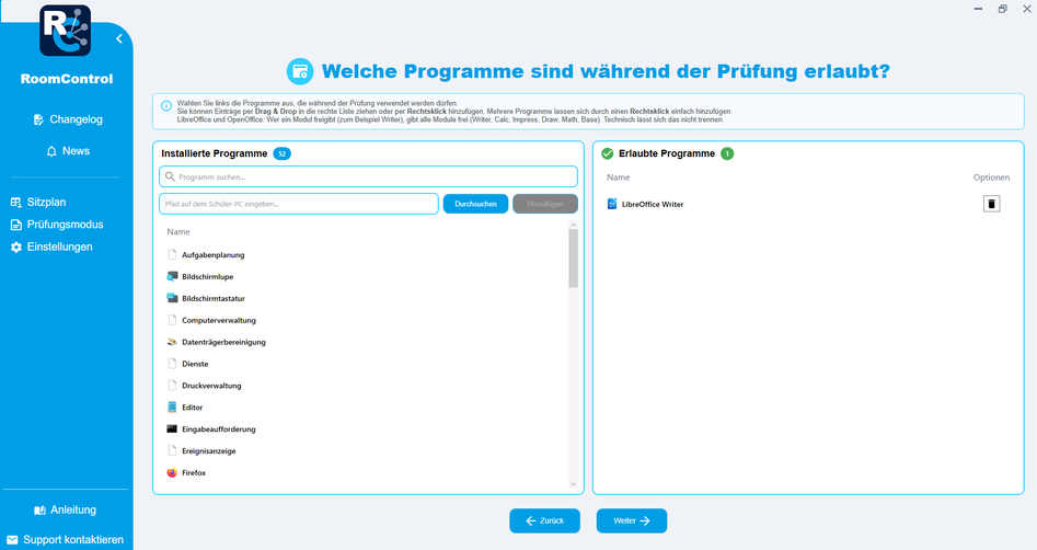 Prüfungsmodus: Auswahl der während der Prüfung erlaubten Programme